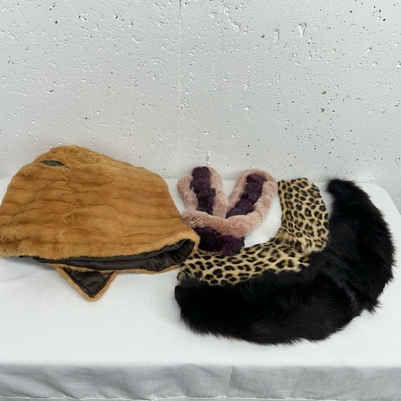 unbranded Accessories - Lot of 4 Vintage Real Fur Collars Scarf Stole Mink Rabbit Leopard REAL FUR READ
